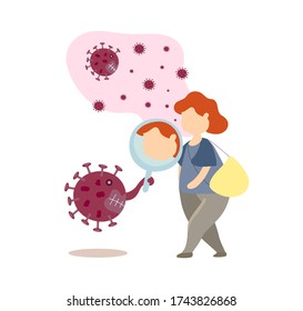 Woman without face mask attacked by virus. Lack of protection from contagious disease. flat cartoon vector isolated on white background.