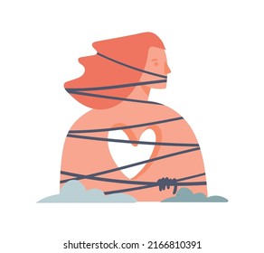 A woman without a heart is tied with ropes. The concept of depression, psychological trauma, domestic violence, loneliness, teenage crisis. Flat vector cartoon icon isolated on white.