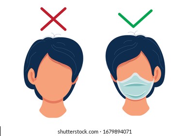 Woman with and without a medical mask on her face in flat style. Coronavirus and quarantine.The prohibition of being without a mask. Diseases and epidemics. Protection and health.Vector illustration.