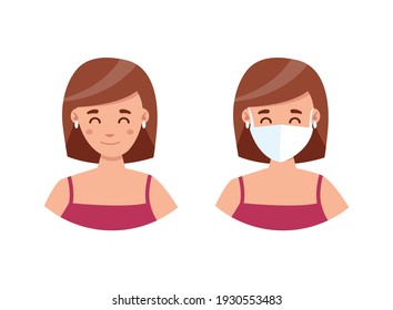 A woman with and without a medical mask. A mask is required.