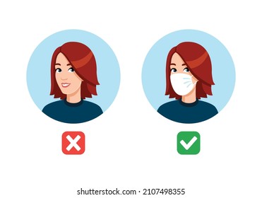 Woman with and without medical mask. Mask required. No entry without wearing medical mask.