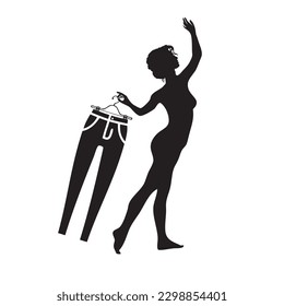 A woman without pants holds them in her hand. Vector illustration.