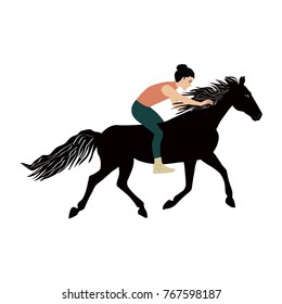 Woman without saddle on a galloping horse - isolated on white background - art vector illustration.