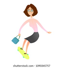 woman without a trace hurries to work, to a meeting. A girl is riding a skateboard in a business suit. Flat character vector illustration