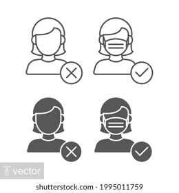 Woman without and wearing mask icon for coronavirus Precautions. Face mask must be worn. No Entry Without Wear your Face Mask. Notice Safety sign. Vector illustration Design on white background. EPS10