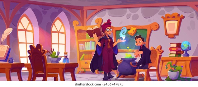 Woman wizard in magic school room with old book. Witch classroom with child boy and teacher near cauldron with potion or poison. Fairy tale class or alchemist laboratory with desk and bookcase