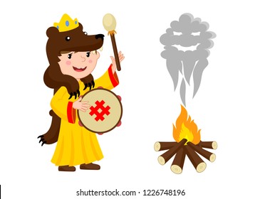 Woman wizard with a mask of a bear. Voodoo with a tambourine. 