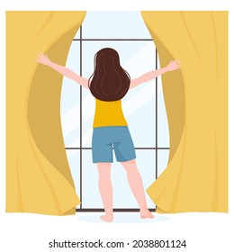 The woman woke up and opened the window in the room.