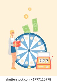 The woman won a risky game with the wheel of fortune. Concept of casinos, lotteries and gambling. The lucky winner received a gift or money. Vector flat cartoon illustration.