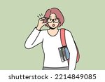 Woman wondering about something, touching her glasses. Lady with shoulder bag, books is surprised to see unusual thing. Teacher, lecturer shocked. Vector contour line coloured illustration.