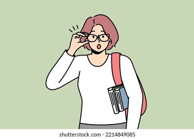 Woman wondering about something, touching her glasses. Lady with shoulder bag, books is surprised to see unusual thing. Teacher, lecturer shocked. Vector contour line coloured illustration.