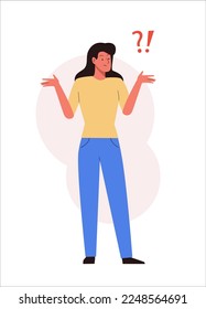 Woman wondering with question mark. Surprised shocked female character design in a questioned pose. Vector illustration in flat style