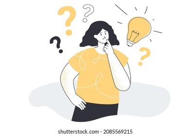 Woman wondering with thoughtful face and question marks with idea light bulb above head. Female character thinking flat vector illustration. Problem solving, solution finding concept