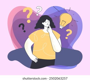 Woman wondering with thoughtful face and question marks with idea light bulb above head. Female character thinking flat vector illustration. Problem solving, solution finding concept