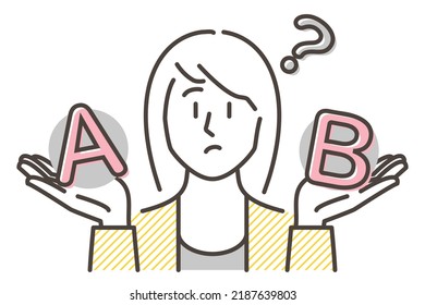 Woman wondering which is better, A or B. [Vector illustration].