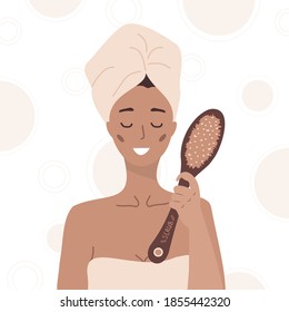 Woman with wooden cactus brush. Exfoliation skin with organic products. Cellulite treatment. Home body care concept. Bath time. Vector illustration in cartoon style.