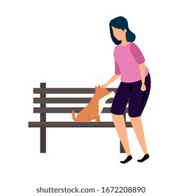 woman with wooden chair of park and dog vector illustration design