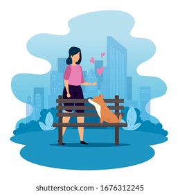 woman with wooden chair of park and dog vector illustration design