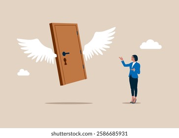Woman with wooden door with wings flying in the sky. For entrance, home, exit, challenge, opportunity concept. Flat vector illustration