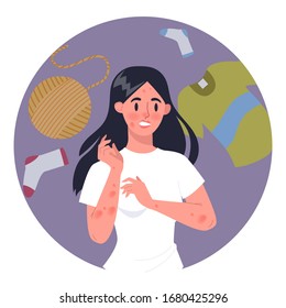 Woman With Wool Or Textile Allergy. Red And Itchy Skin. Allergic Reaction To Clothes. Hypersensitivity To Textile Production. Isolated Vector Illustration In Cartoon Style