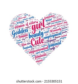 Woman word cloud vector illustration design, word art for womens day or mothers day, feminity, femaleness, mum, female, womanhood, motherhood