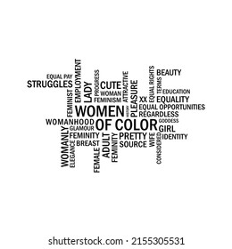 Woman word cloud vector illustration design, word art for womens day or mothers day, feminity, femaleness, mum, female, womanhood, motherhood