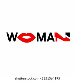 "Woman" word design with lips symbol in letter O and shoe symbol in letter N.