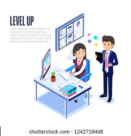 Woman Work to achieve the goals of the company. Level up digital skill. Employees must develop their own skills regularly.