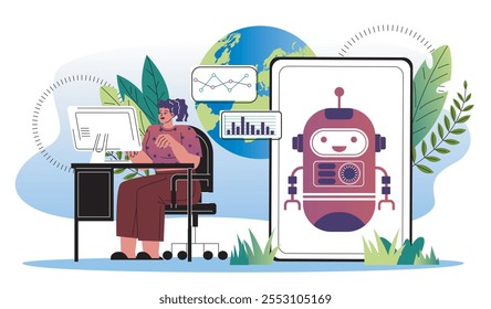 As mulheres trabalham com inteligência artificial. Garota com robô trabalhando em projeto de negócios. Assistente virtual e auxiliar. IA e aprendizagem de máquina. Ilustração de vetor plano isolada no plano de fundo branco