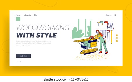 Woman Work in Carpentry Shop Landing Page Template. Girl Carpenter Character Wearing Overalls and Protective Glasses Working with Electric Saw on Wooden Table Cutting Board. Linear Vector Illustration