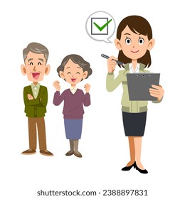 A woman in work clothes checking with a senior couple