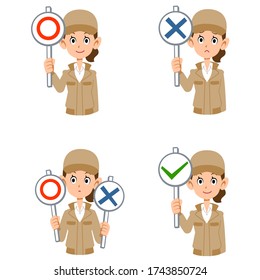 Woman in work clothes with correct and incorrect answers