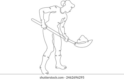 A woman in work clothes digs with a shovel. The female farmer is digging. A gardener works on the land. One continuous line. Line art. Minimum one line. White background. One line drawing.