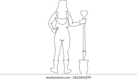 A woman in work clothes digs with a shovel. The female farmer is digging. A gardener works on the land. One continuous line. Line art. Minimum one line. White background. One line drawing.