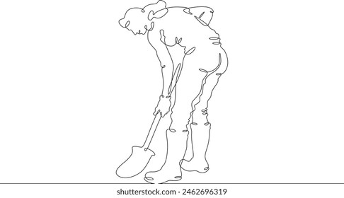 A woman in work clothes digs with a shovel. The female farmer is digging. A gardener works on the land. One continuous line. Line art. Minimum one line. White background. One line drawing.