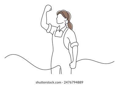 woman in work clothes doing a fist pump, doodle continuous line art vector illustration