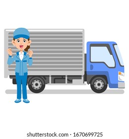 Woman in work clothes doing guts pose in front of truck