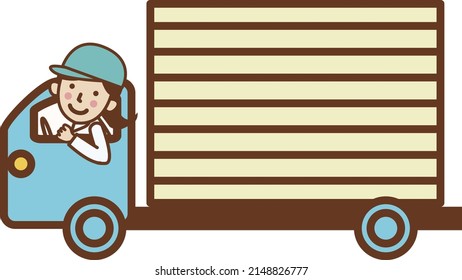 A woman in work clothes driving a truck.