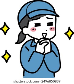 A woman in work clothes with an expectant expression