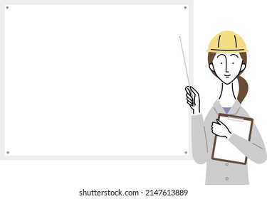 una mujer con ropa de trabajo explicando
