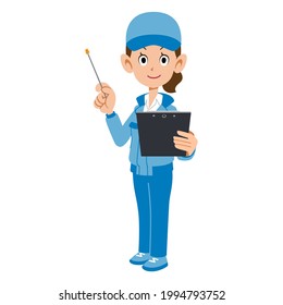 A woman in work clothes explaining with materials