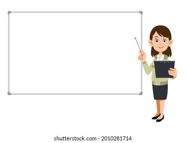 A woman in work clothes explaining with materials and a pointer, and a simple whiteboard