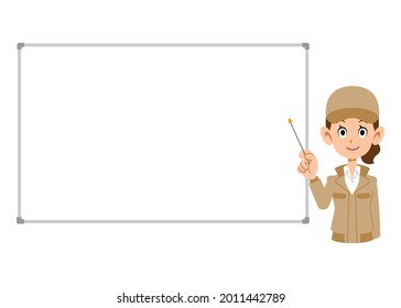 A woman in work clothes explaining with materials and a pointer, and a simple whiteboard
