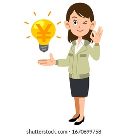 Woman in work clothes explaining saving on electricity bill