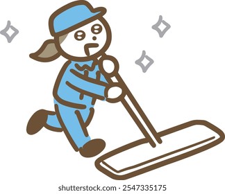 A woman in work clothes happily cleaning the floor