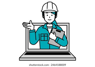 A woman in work clothes introducing herself pops out of a laptop screen