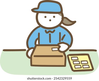 A woman in work clothes pasting a sticker on a box