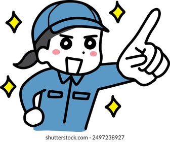 A woman in work clothes pointing vigorously