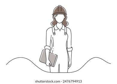 
mujer en ropa de trabajo posando con una carpeta, garabato Ilustración vectorial de arte de línea continua.
