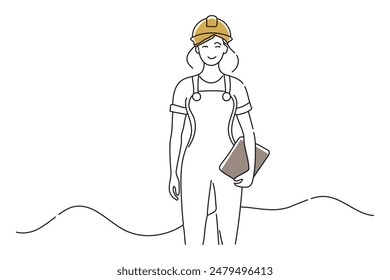 woman in work clothes posing with a binder, doodle continuous line art vector illustration